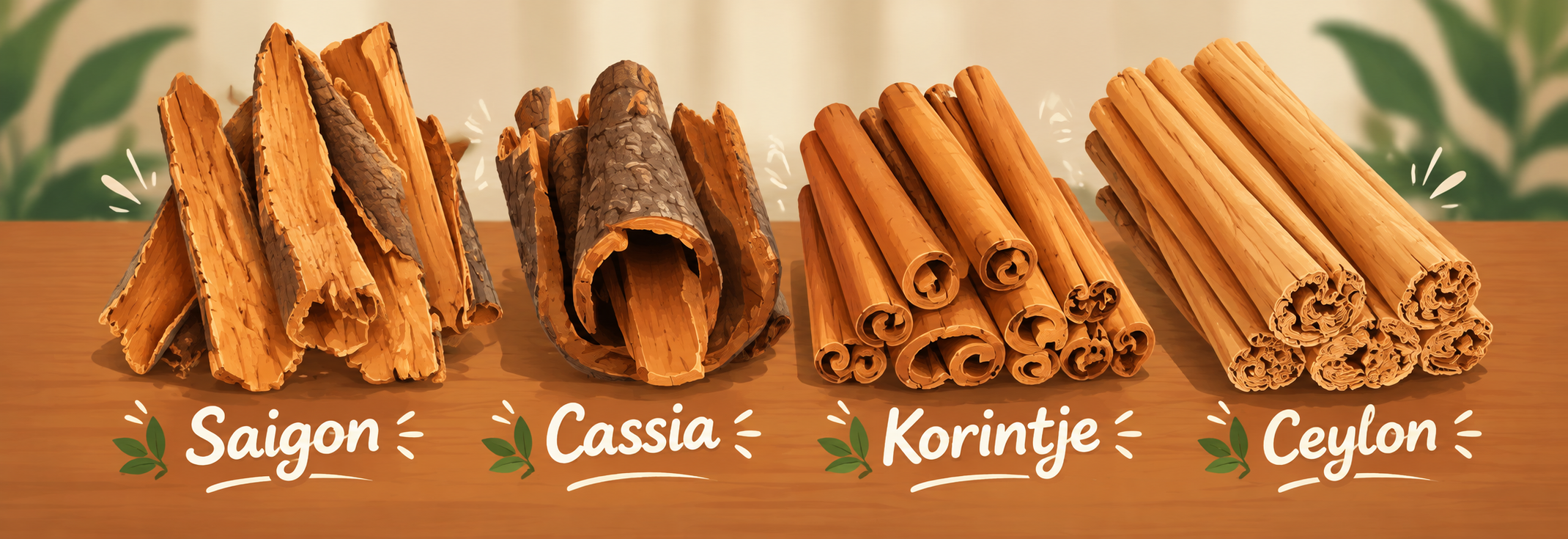 Labelled comparison of Ceylon, Chinese Cassia, Saigon, and Korintje cinnamon